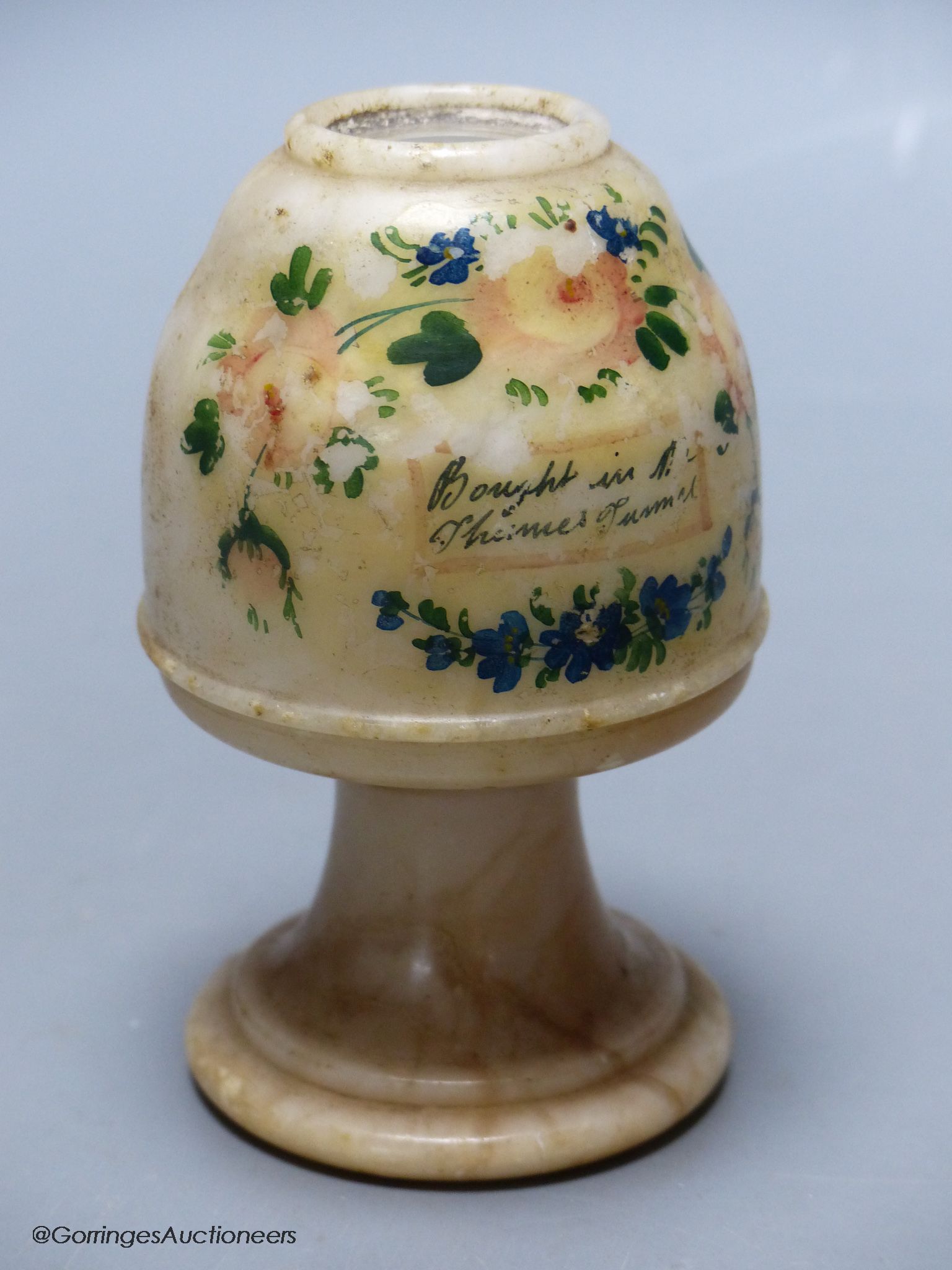 A 19th century alabaster souvenir Stanhope peep vase, Thames Tunnel view, height 11cm